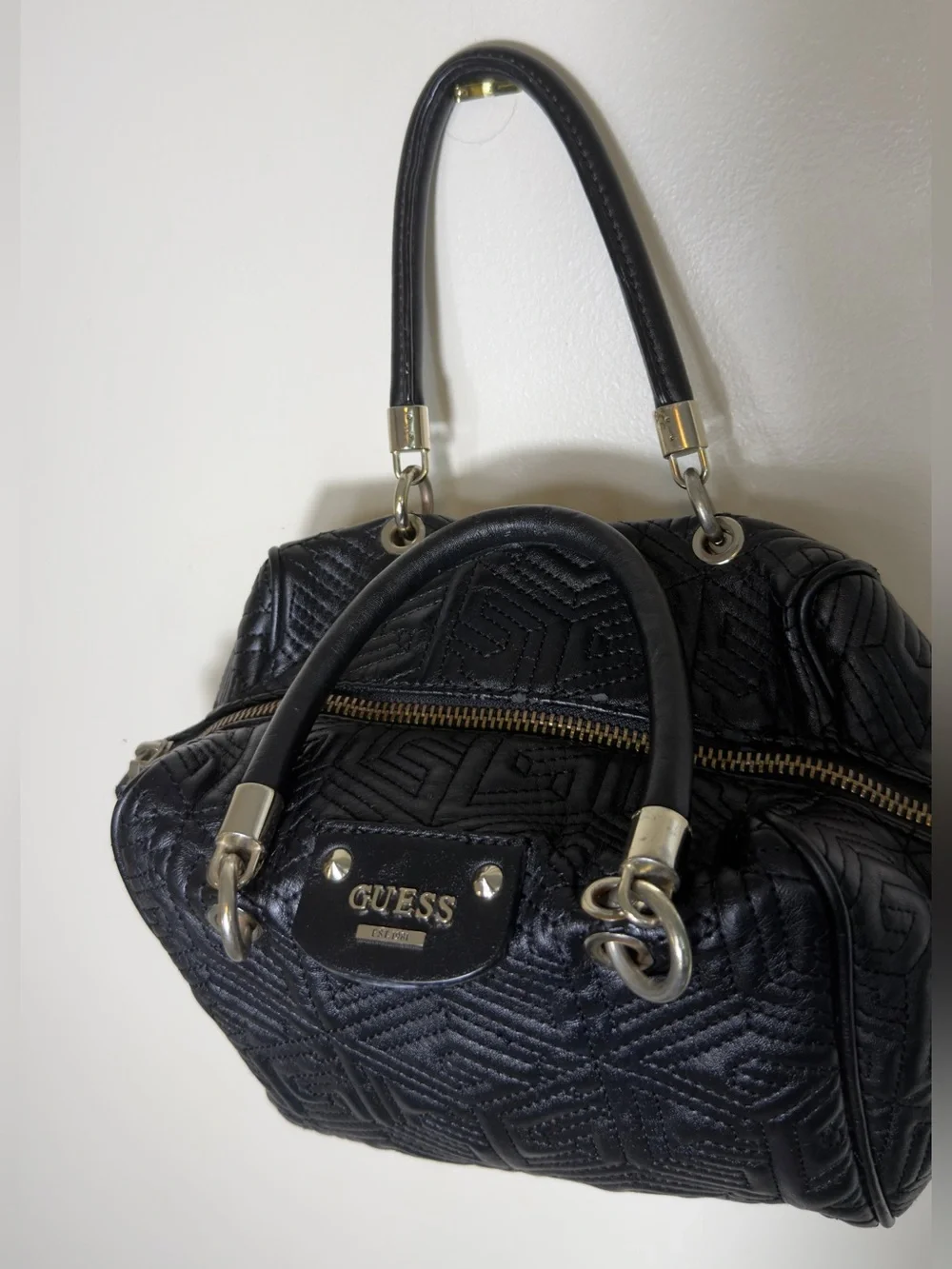 Guess Geometric Quilted Barrel Satchel Bag Black 3D Cube Top Handbag Purse